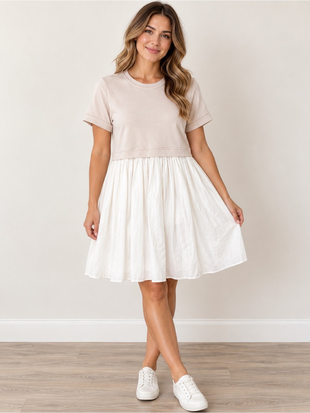 Altar’d State Women’s Large Blush & White Mixed Media Pleated Dress